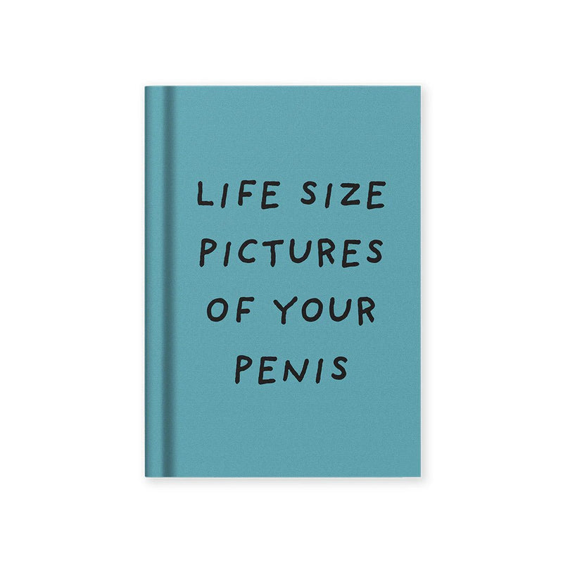 A7 teal fabric hardback notebook with black hand-drawn text: Life Size Pictures of Your Penis, minimalist cover