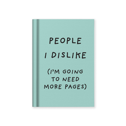 Ohh Deer A7 hardback notebook with mint green fabric cover and black text reading People I dislike I'm going to need more pages