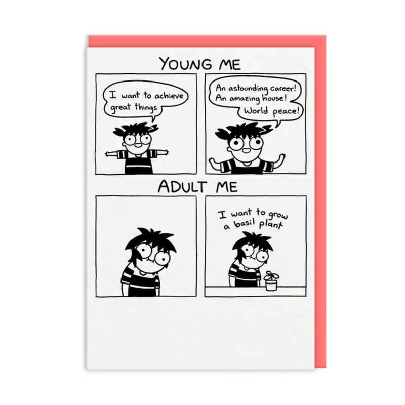 Ohh Deer Young Me vs Adult Me funny A6 greeting card with coral envelope