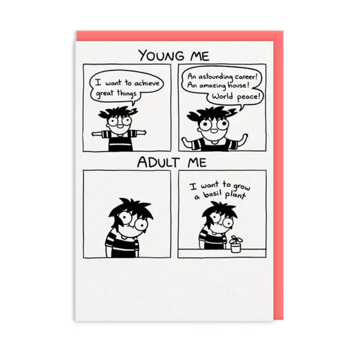 Ohh Deer Young Me vs Adult Me funny A6 greeting card with coral envelope