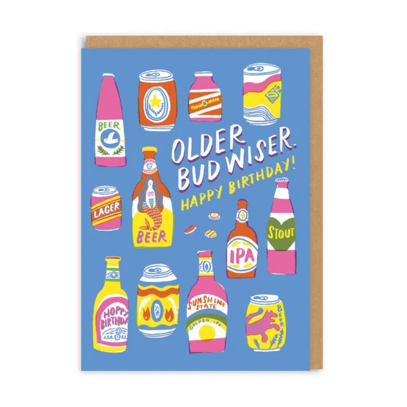 Older Budwiser funny beer birthday card by Hello!Lucky with colourful beer bottles and cans