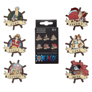 Assorted One Piece character mystery pins displayed around the retail blind box packaging