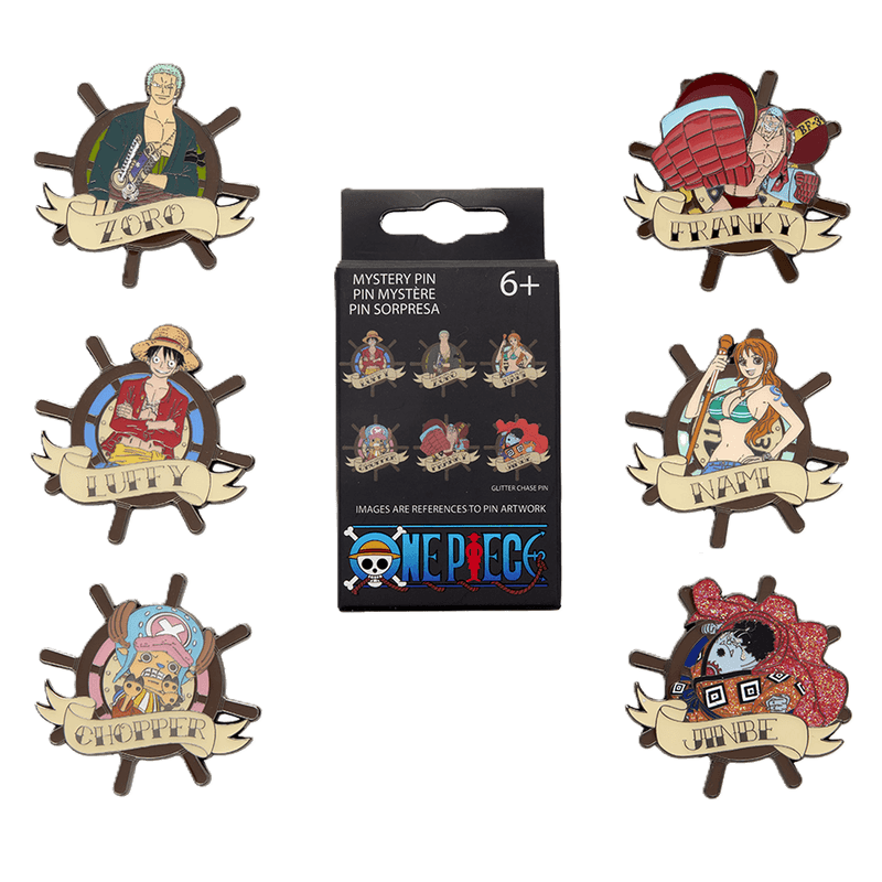 Assorted One Piece character mystery pins displayed around the retail blind box packaging