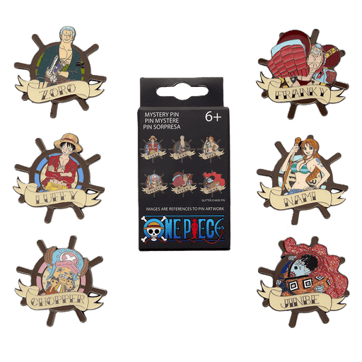 Assorted One Piece character mystery pins displayed around the retail blind box packaging