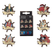 Assorted One Piece character mystery pins displayed around the retail blind box packaging