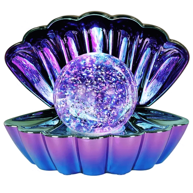 Opalescent metallic colour changing LED clam lamp with glowing glitter pearl night light.