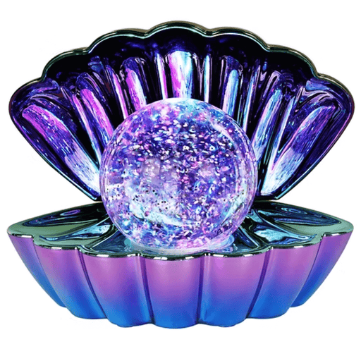 Opalescent metallic colour changing LED clam lamp with glowing glitter pearl night light.