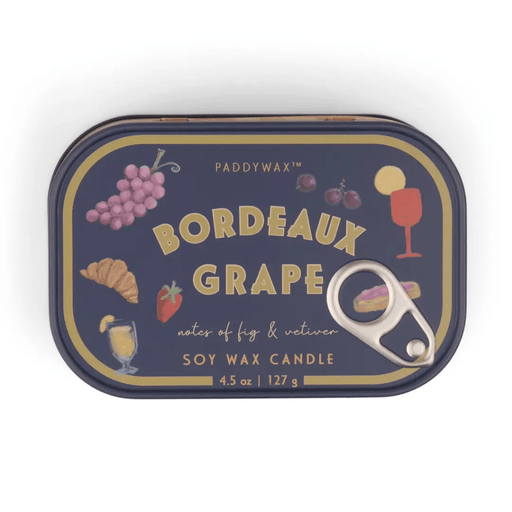 Paddywax Bistro Bordeaux Grape soy wax candle tin lid with illustrated grape design
