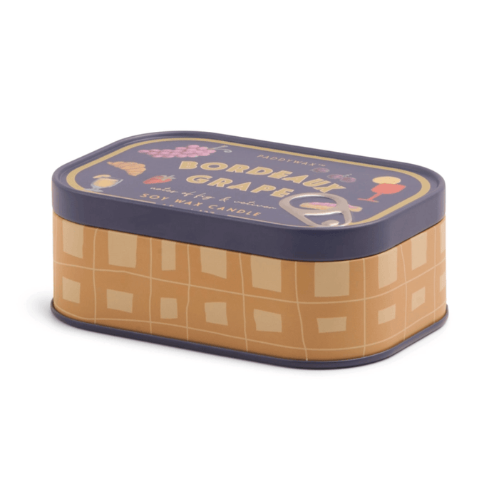 Side view of Paddywax Bistro Bordeaux Grape tin candle with faux pull-tab lid