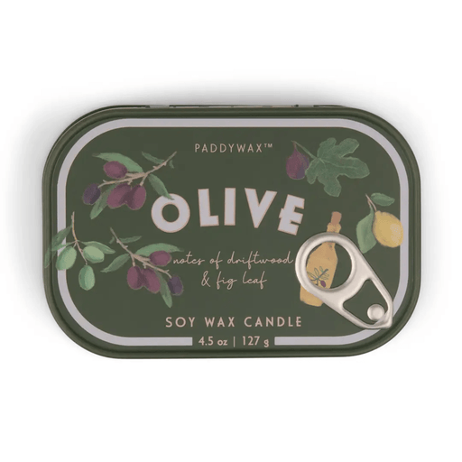 Paddywax Bistro Fig and Olive soy wax candle tin lid with illustrated olive and fig design
