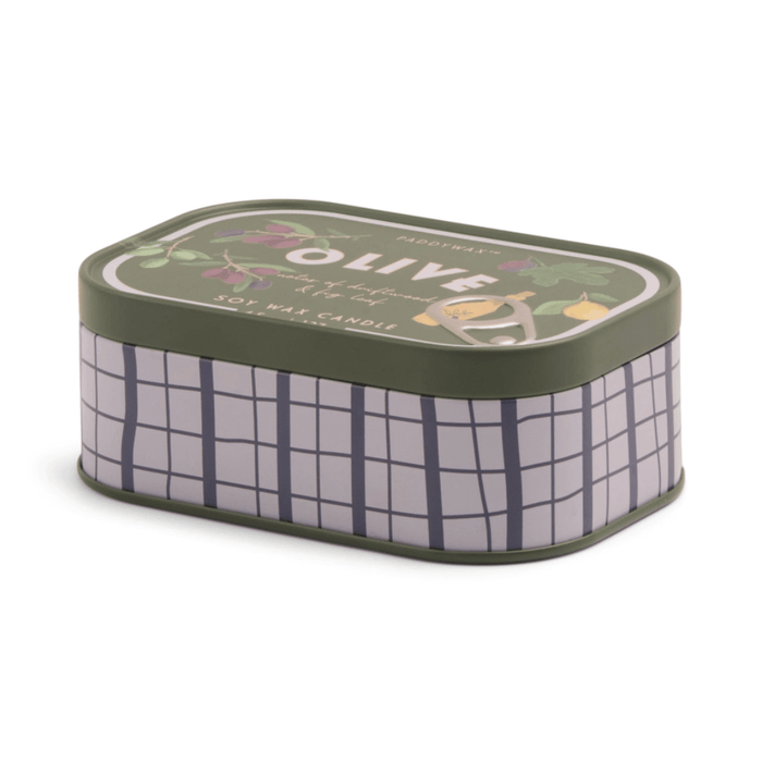 Side view of Paddywax Bistro Fig and Olive tin candle with checked tin design