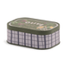 Side view of Paddywax Bistro Fig and Olive tin candle with checked tin design