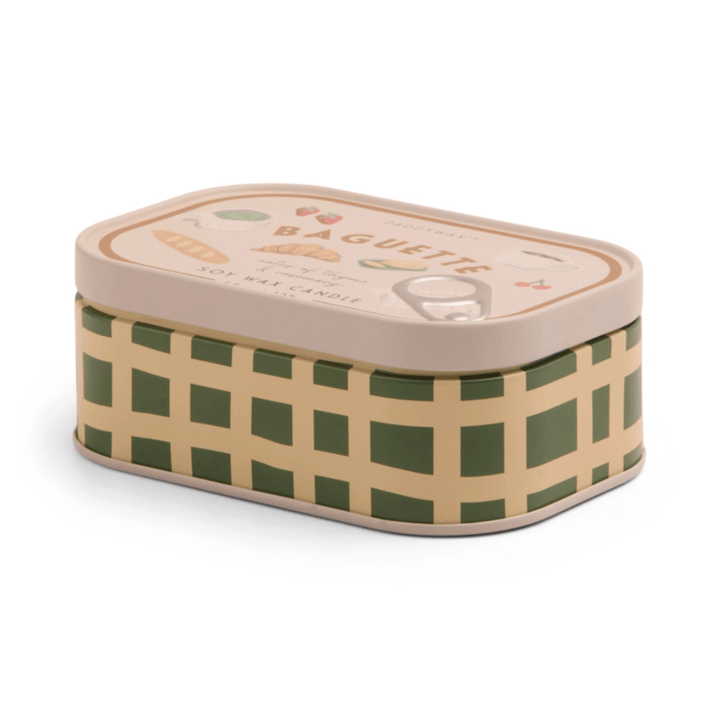 Paddywax Bistro Baguette tin candle with green and cream patterned design