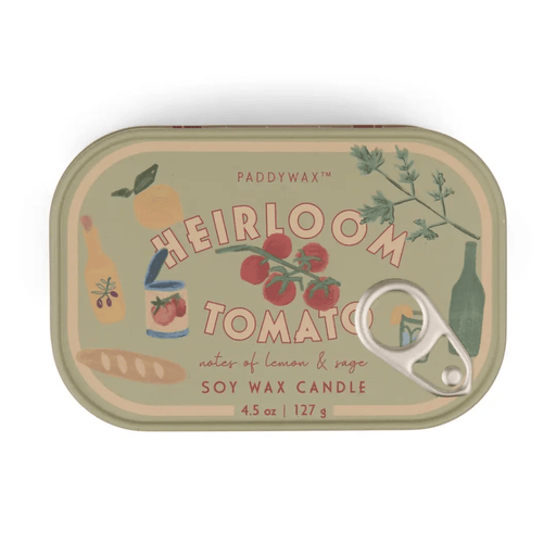 Paddywax Bistro Heirloom Tomato soy wax candle tin lid with illustrated tomato design