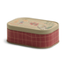 Side view of Paddywax Bistro Heirloom Tomato tin candle with red checked tin design