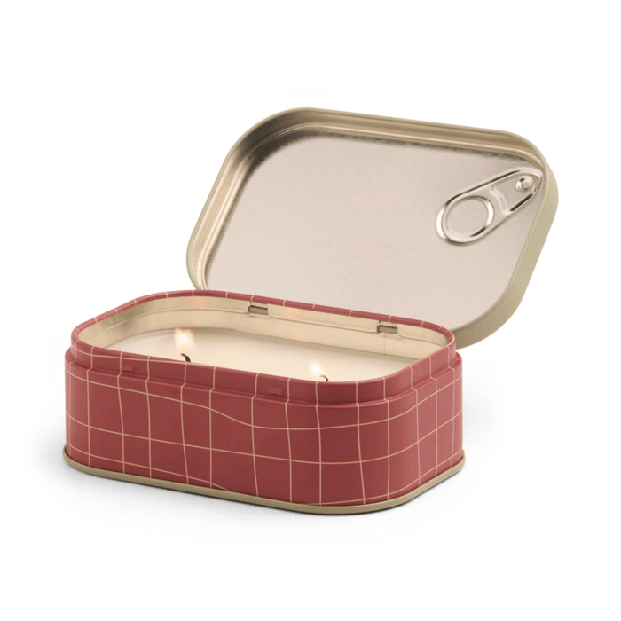 Paddywax Bistro Heirloom Tomato two-wick tin candle open with lit candle wax