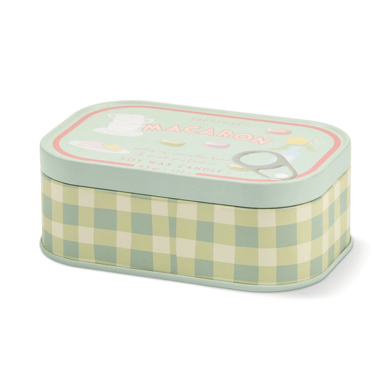 Paddywax Bistro Macaron tin candle with pastel green checked design