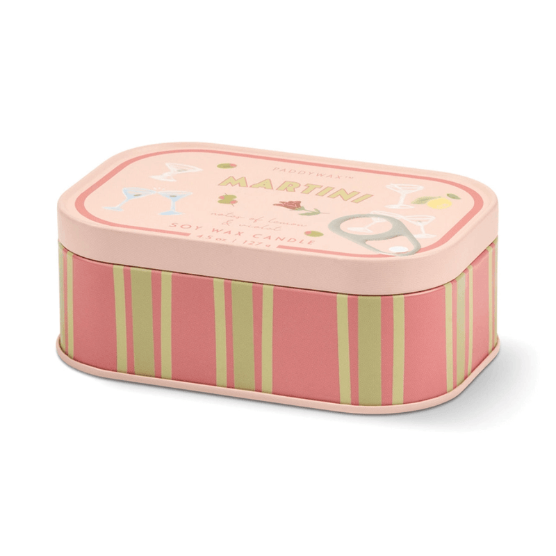 Paddywax Bistro Martini tin candle with pink and green striped design