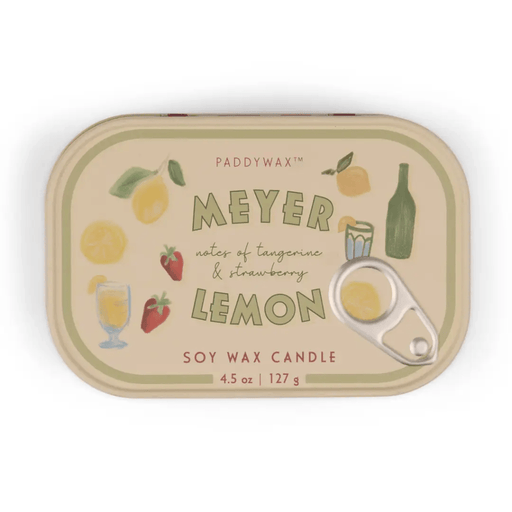 Paddywax Bistro Meyer Lemon soy wax candle tin lid with illustrated lemon design