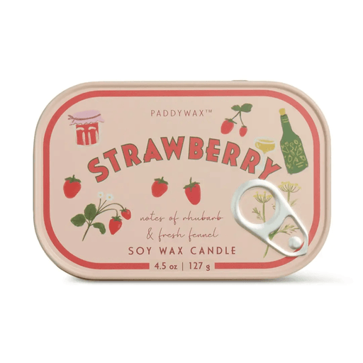 Paddywax Bistro Strawberry soy wax candle tin lid with illustrated strawberry design