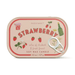 Paddywax Bistro Strawberry soy wax candle tin lid with illustrated strawberry design