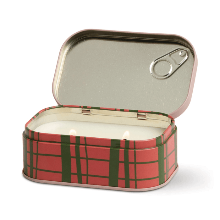 Paddywax Bistro Strawberry two-wick tin candle open with lit candle wax
