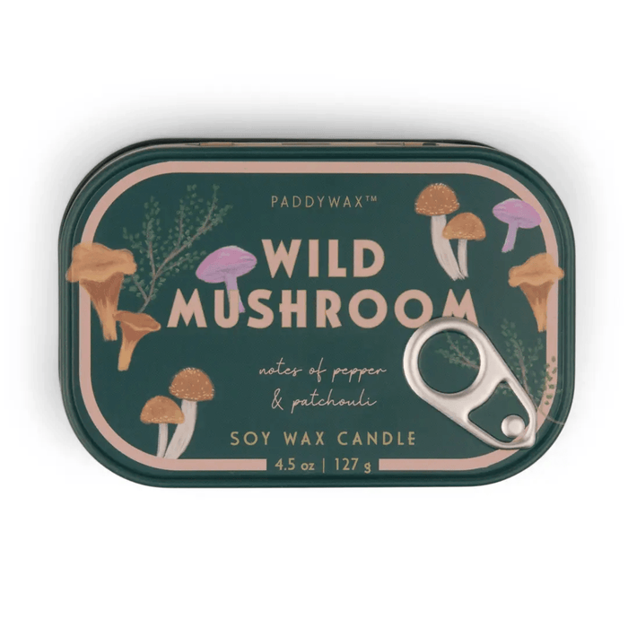 Paddywax Bistro Wild Mushroom soy wax candle tin lid with illustrated mushroom design