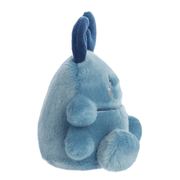 Side view of Palm Pals Agatha Beetle small blue plush toy