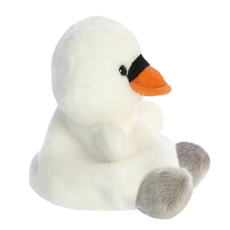 Side view of Palm Pals Alina Swan plush toy with orange beak profile