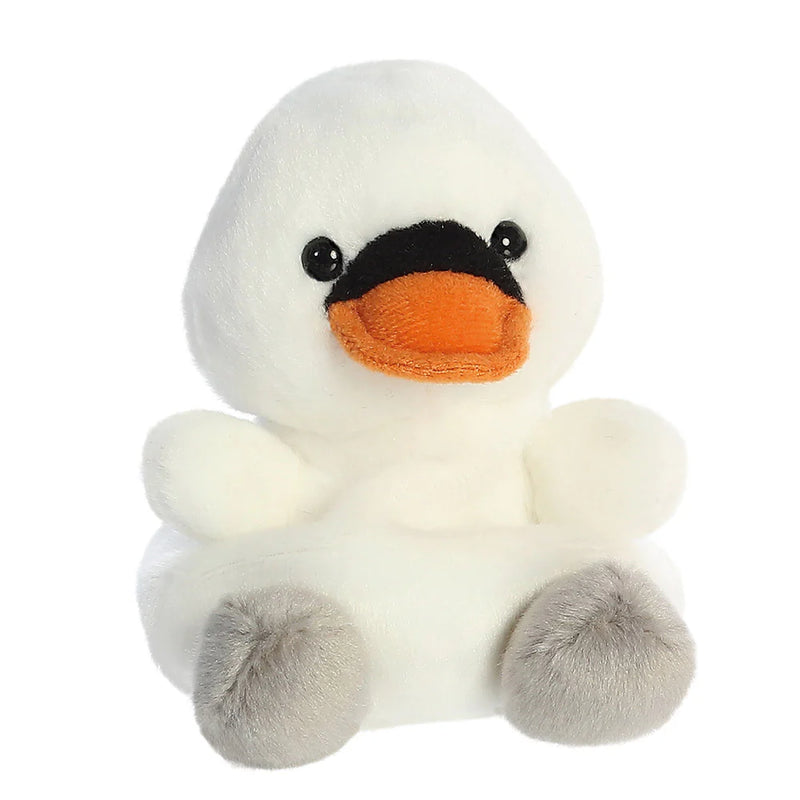 Angled front view of Palm Pals Alina Swan plushie sitting pose