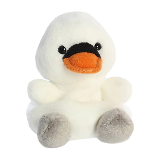 Angled front view of Palm Pals Alina Swan plushie sitting pose