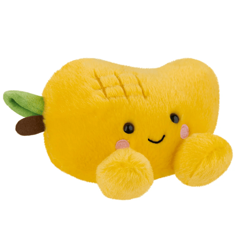 Angled view of Palm Pals Amit Mango yellow fruit plush toy