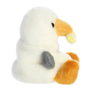 Side view of Palm Pals Buoy Seagull plush toy showing yellow fry