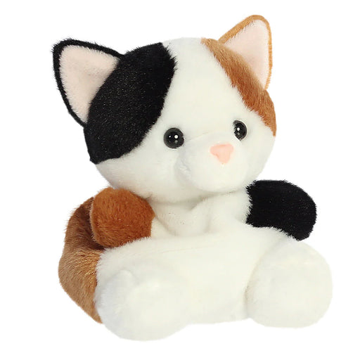 Palm Pals Calico Cat plushie close front showing pink nose and stitched face