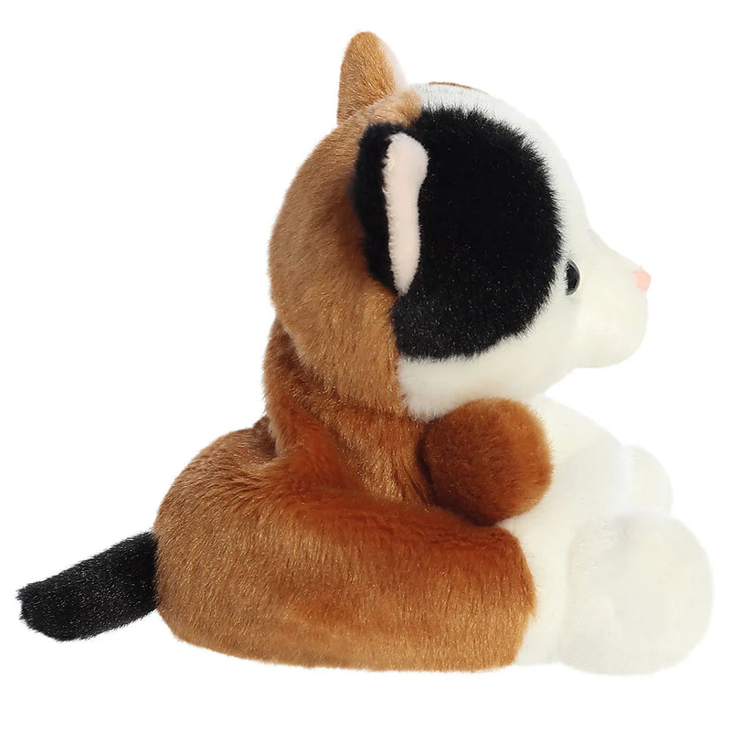 Side view of Palm Pals Calico Cat plushie showing black ear patch and tail