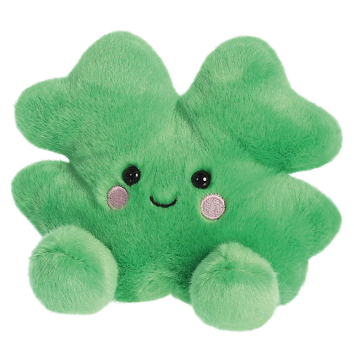 Angled front view of Palm Pals Chance Clover plushie with clover leaves and face