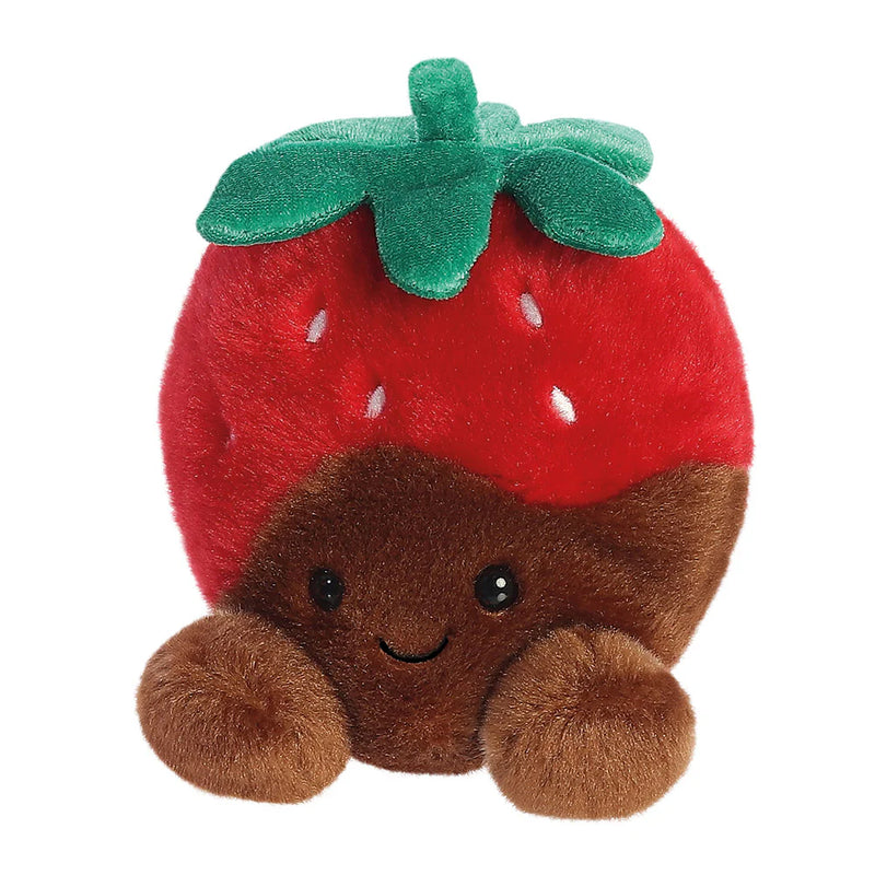 Angled front view of Palm Pals Chocolate Strawberry plush toy sitting pose
