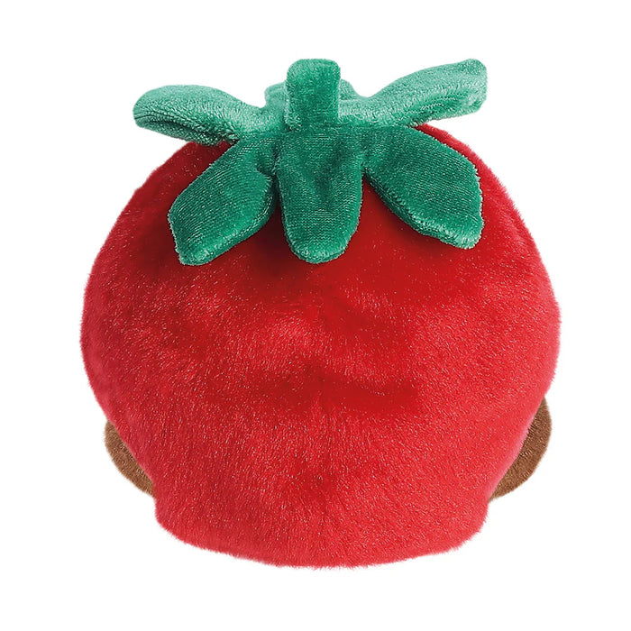 Back view of Palm Pals Chocolate Strawberry plush toy showing red strawberry shape and green leaves