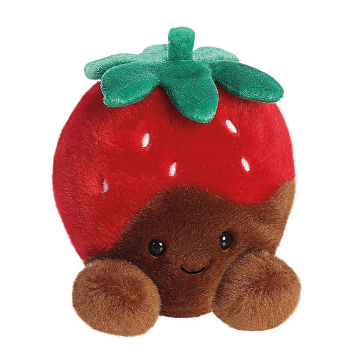 Palm Pals Chocolate Strawberry plushie close front showing stitched face and leaf top