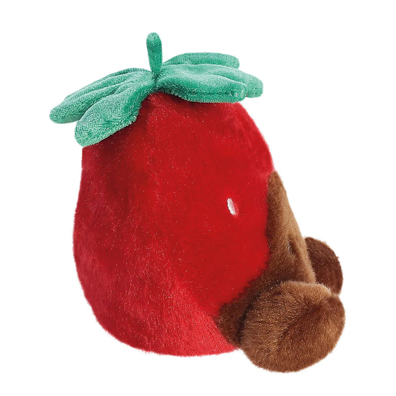 Side view of Palm Pals Chocolate Strawberry plushie showing chocolate-dipped base