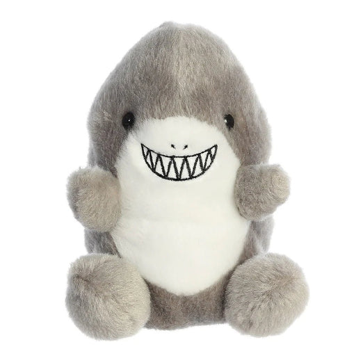 Palm Pals Chomps Shark soft toy in plush grey and white with embroidered teeth.

