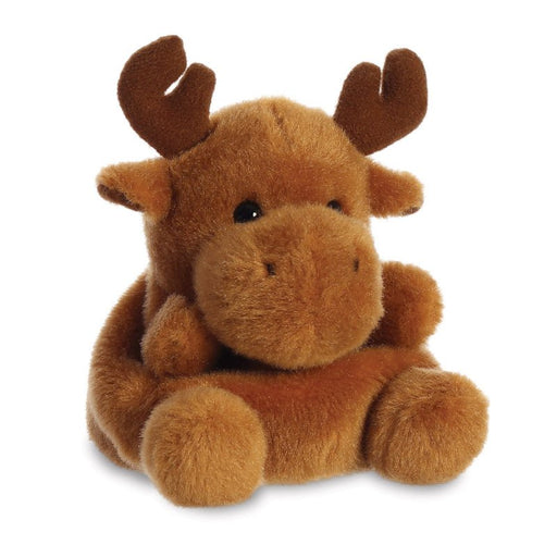Angled view of Cinnamon Reindeer soft toy with seated pose and plush hooves