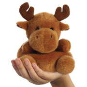 Cinnamon Reindeer Palm Pals plush shown in hand to illustrate 13cm size