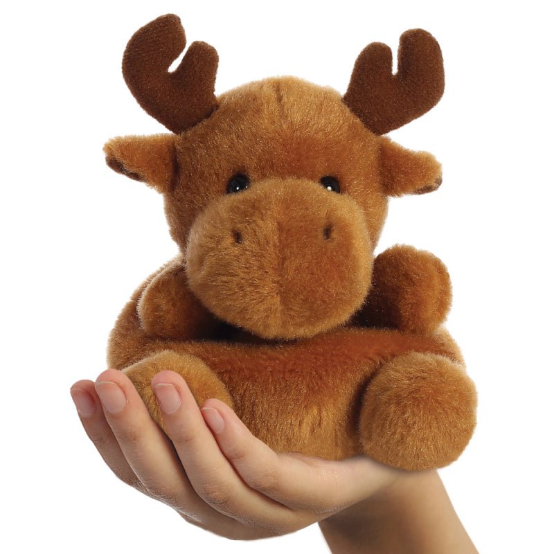 Cinnamon Reindeer Palm Pals plush shown in hand to illustrate 13cm size