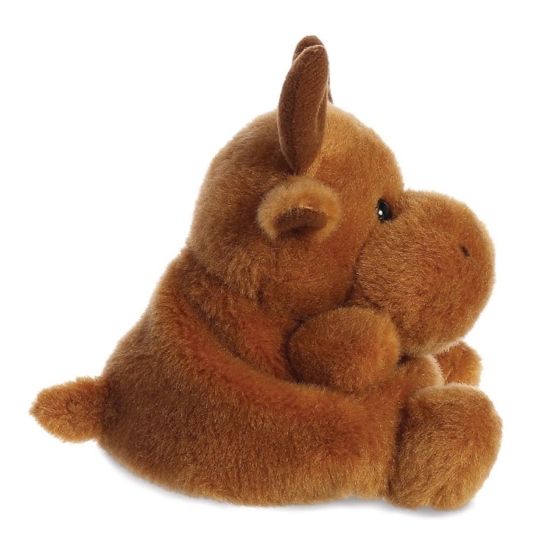 Side profile of Cinnamon Reindeer plush, brown fur, small tail and antlers