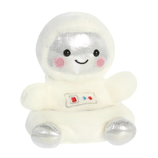 Angled front view of Palm Pals Cosmo Astronaut plushie with smiling face and silver boots
