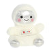 Angled front view of Palm Pals Cosmo Astronaut plushie with smiling face and silver boots