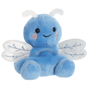 Angled view of Palm Pals Dart blue dragonfly plush with sparkling wings