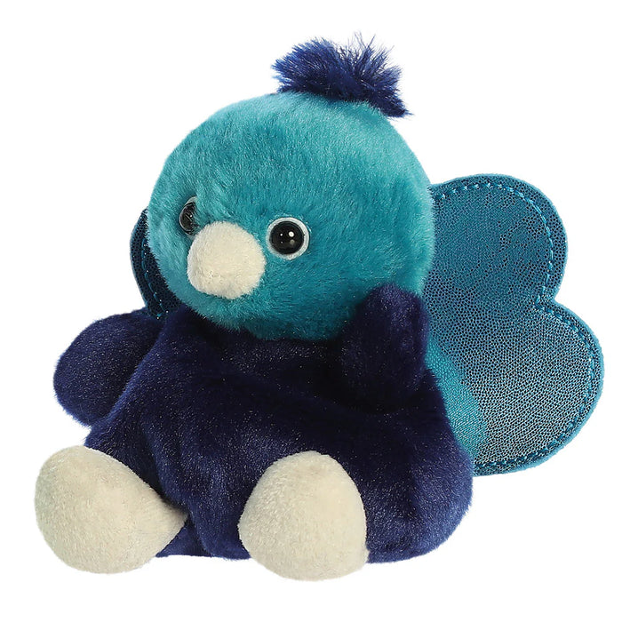 Palm Pals Elton Peacock plush toy sitting pose with shimmering tail behind