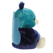 Side view of Palm Pals Elton Peacock plushie with teal head and tail detail